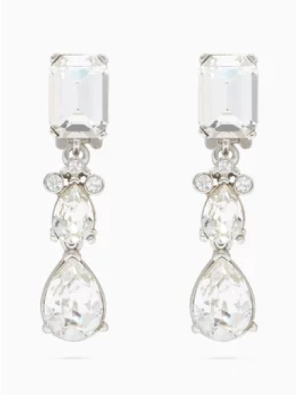NWOT OSCAR DE LA RENTA Crystal Drop Clip-On Earrings Silver Tone 2 inch